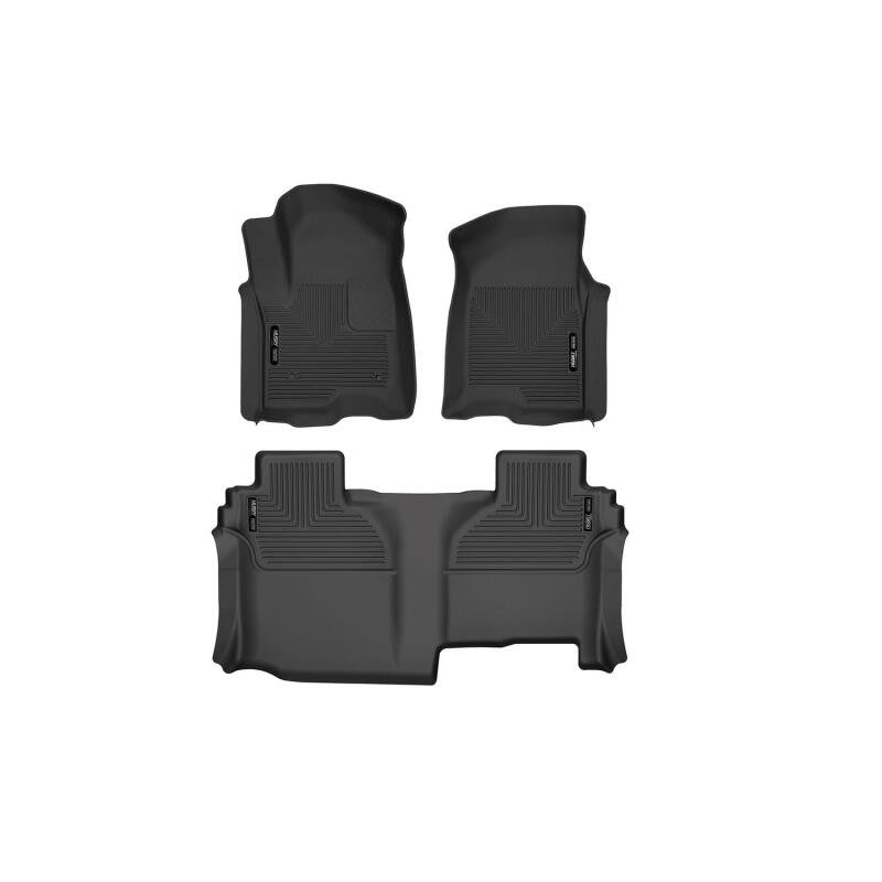 Black Husky Liners X-act Contour front and second row floor liner set for 2019-2026 Silverado and Sierra trucks.