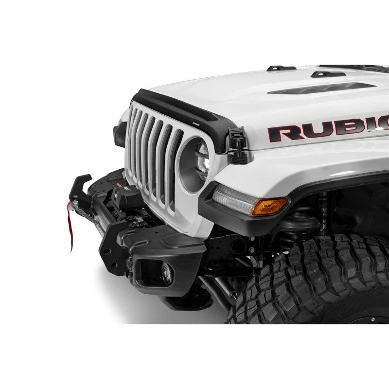 Textured black Husky Liners Aeroskin II hood protector with raised lip for Jeep Wrangler and Gladiator.