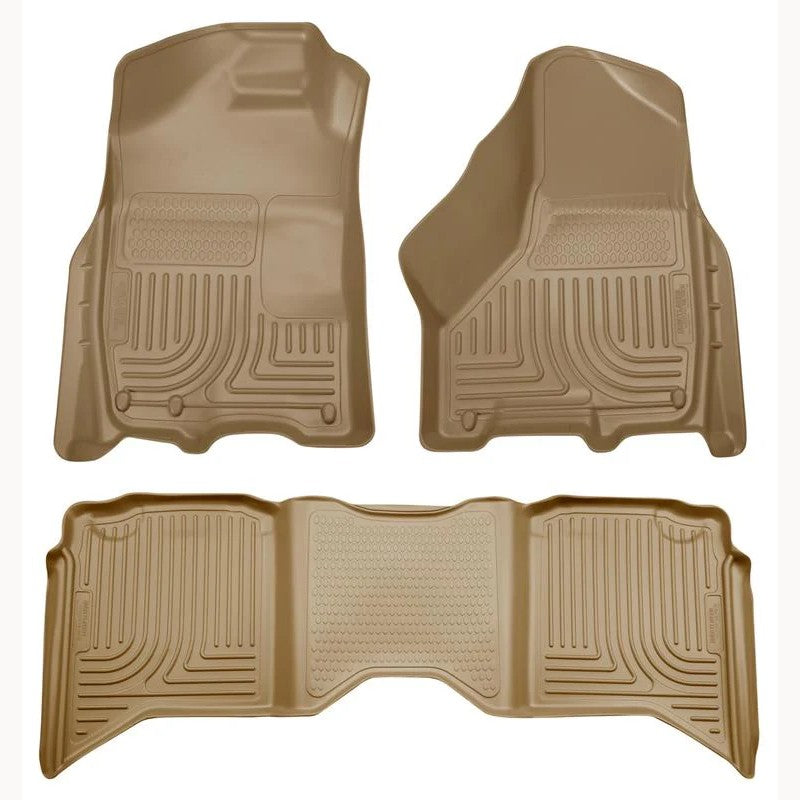 Tan Husky Liners WeatherBeater front and rear floor mats for a Dodge Ram Crew Cab