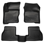 Husky Liners WeatherBeater black front and rear floor mats for 2011-2015 Ford Focus showing FormFit Edge and StayPut Cleats