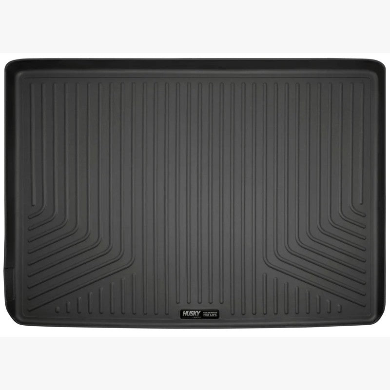 Husky Liners WeatherBeater black rear cargo liner MPN 28221 with raised edges and StayPut Cleats for GM long-wheelbase SUVs.