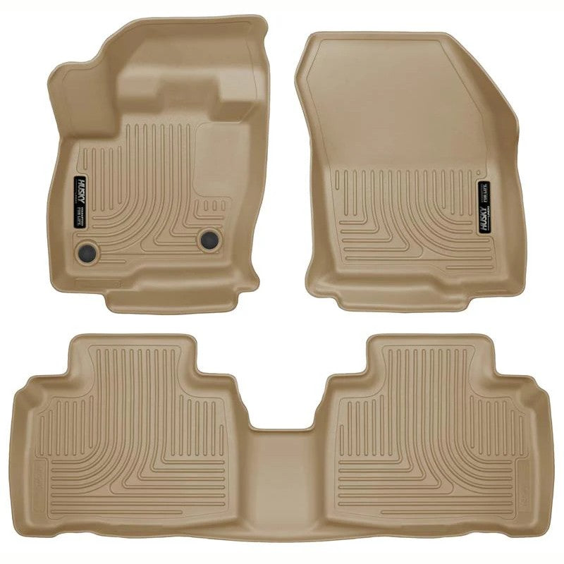 Tan Husky Liners WeatherBeater front and 2nd row floor mats for 2015-2024 Ford Edge.