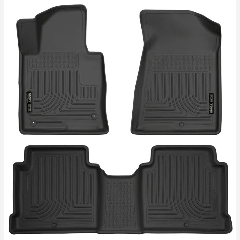 Black Husky Liners Weatherbeater floor liners for front and second-row seats of 2015-2020 Hyundai Sonata and Kia Optima.