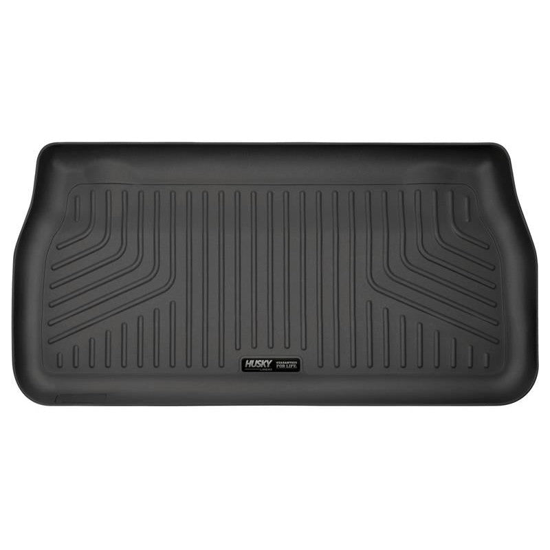 Husky Liners Weatherbeater black rear cargo liner showing the FormFit Edge and StayPut Cleats for Chrysler Pacifica.