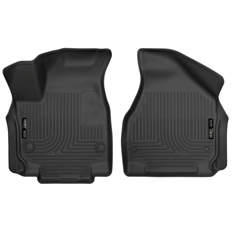Husky Liners X-act Contour black rubberized floor liners showing the FormFit Edge and StayPut Cleats.