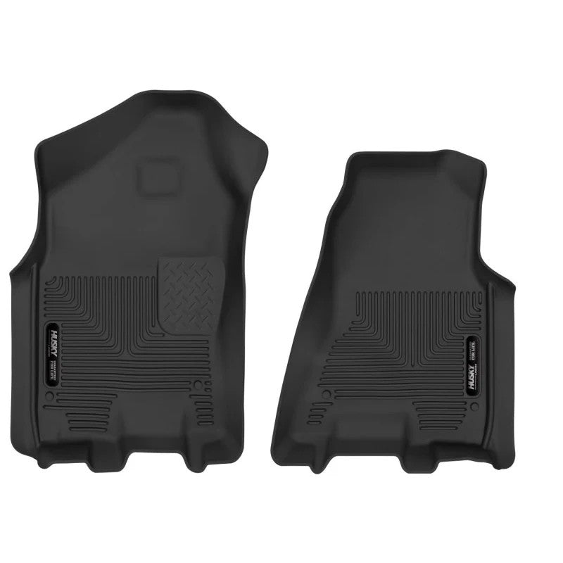 Husky Liners WeatherBeater black front row floor liners for 2019-2024 Ram 1500 showing the FormFit raised edge and texture.