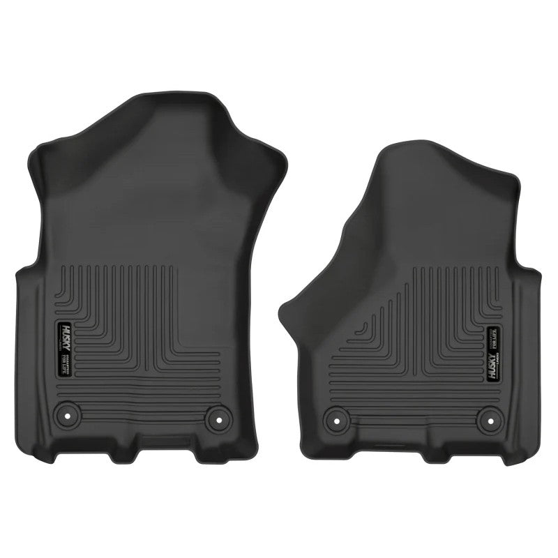 Black Husky Liners WeatherBeater front floor liners with raised edges and textured grip for 2018-2025 Ram trucks.