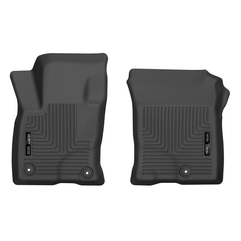 Husky Liners X-act Contour black front floor liners with rubberized DuraGrip texture and raised FormFit edges.