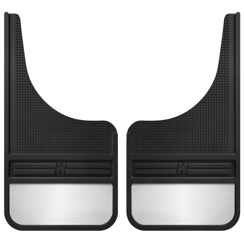 Husky Liners MudDog 12-inch wide universal black rubber weighted front mud flaps with matte black finish.
