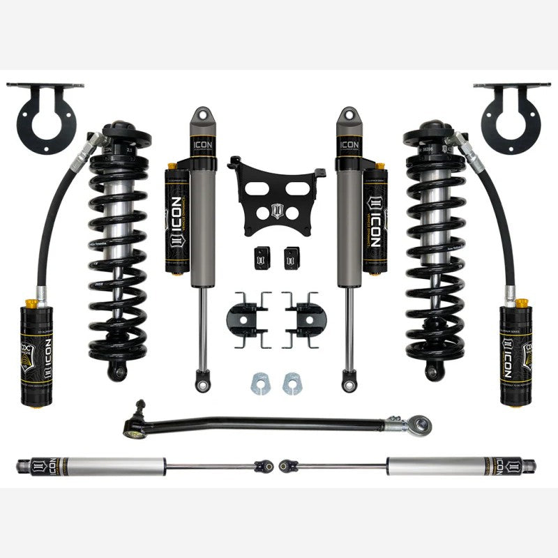 ICON Stage 4 2.5-3" coilover conversion kit for 2023 Ford F-250/F-350 with CDCV shocks and dual steering stabilizers.
