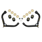 Black semi-gloss tubular steel upper control arms with zinc-plated ICON Delta Joints and dual stage bushings.