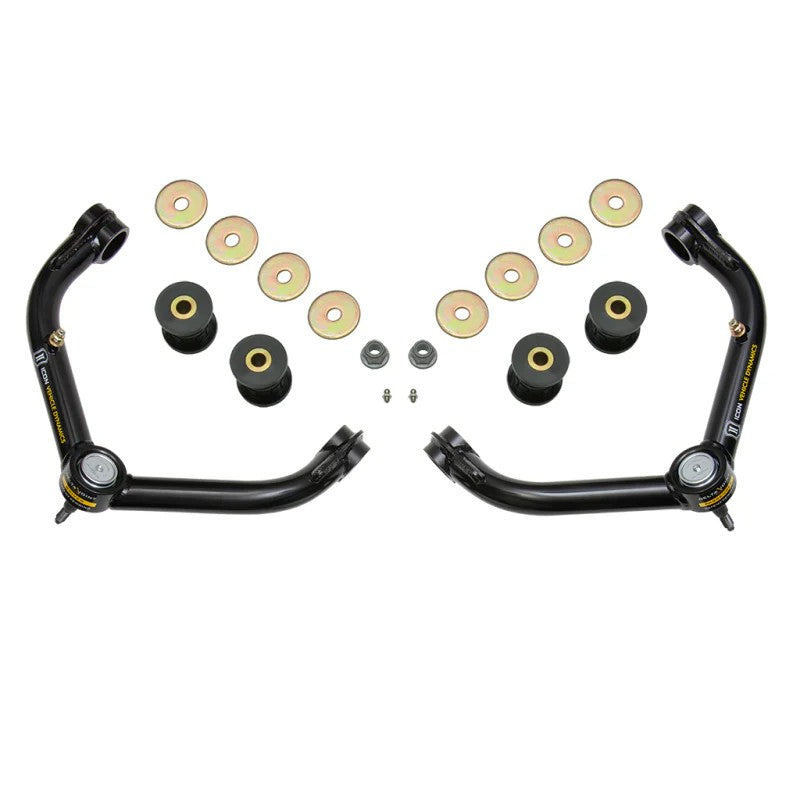 Black semi-gloss tubular steel upper control arms with zinc-plated ICON Delta Joints and dual stage bushings.