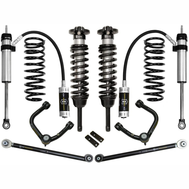 ICON Stage 4 suspension kit featuring coilovers, remote reservoir shocks, tubular UCAs, and rear lower links.