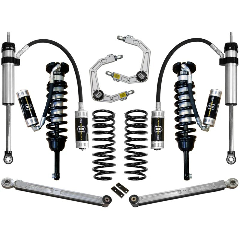 ICON Stage 5 suspension kit with remote reservoir coilovers, billet upper control arms, and adjustable rear lower links.