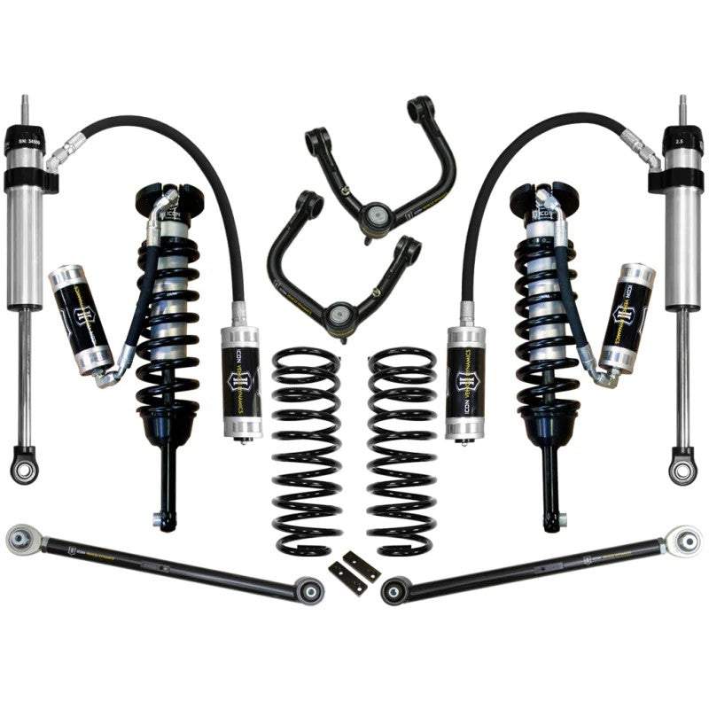 ICON Stage 5 suspension system featuring remote reservoir coilovers, rear shocks, and black tubular control arms.