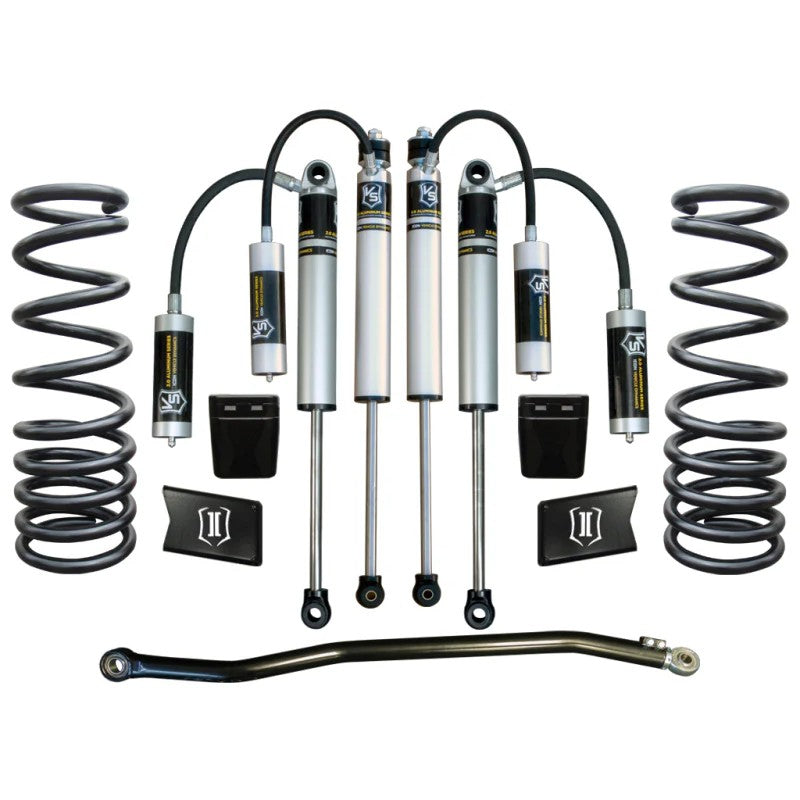 ICON Stage 2 suspension kit featuring 2.0 remote reservoir shocks, dual-rate coils, and an adjustable track bar