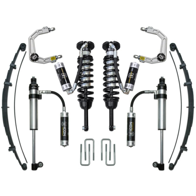 ICON Stage 8 suspension system including coilovers, remote reservoir shocks, and billet UCAs for 2005-2023 Toyota Tacoma.