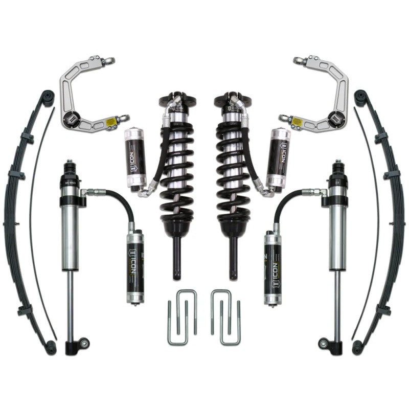 ICON Stage 9 suspension kit with remote reservoir shocks, billet upper control arms, and RXT multi-rate leaf springs.