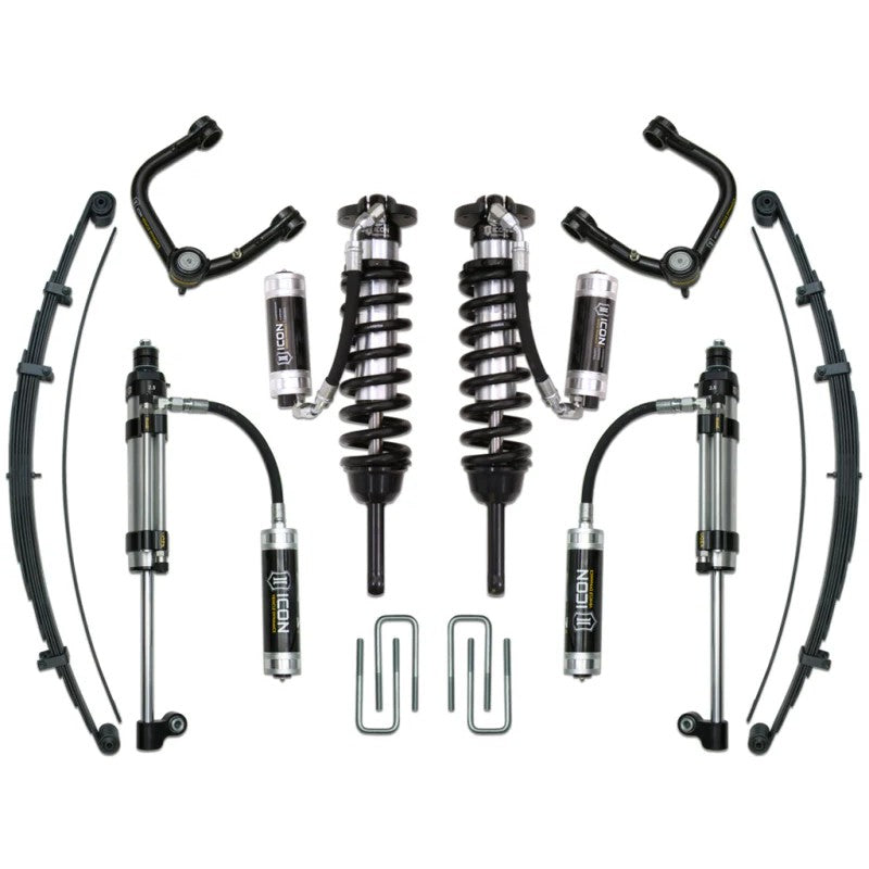 ICON Stage 10 suspension kit for Toyota Tacoma including coilovers with reservoirs, tubular UCAs, and RXT leaf springs.
