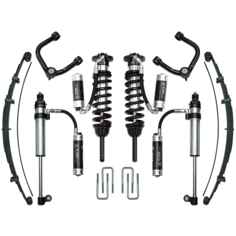 ICON Stage 9 suspension kit with remote reservoir CDCV shocks, tubular UCAs, and RXT multi-rate leaf springs for Toyota Tacoma
