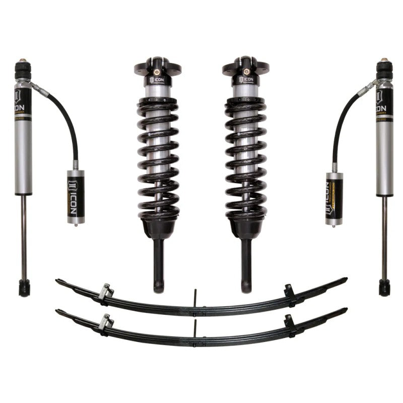 ICON Stage 2 suspension system with front coilovers, remote reservoir rear shocks, and add-a-leaf kit for Toyota Tacoma.