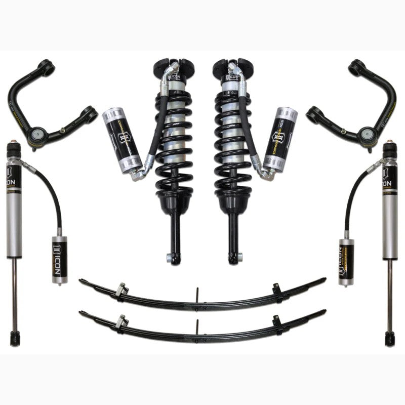 ICON Stage 4 suspension kit with remote reservoir coilovers, tubular upper control arms, and rear shocks for Toyota Tacoma