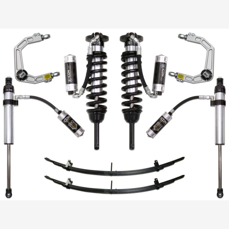 ICON Stage 6 suspension kit including front coilovers, billet UCAs, rear reservoir shocks, and rear add-a-leaf springs.