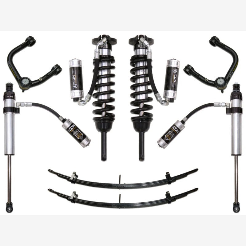 ICON Stage 6 suspension system for Toyota Tacoma featuring remote reservoir shocks, tubular UCAs, and rear leaf springs