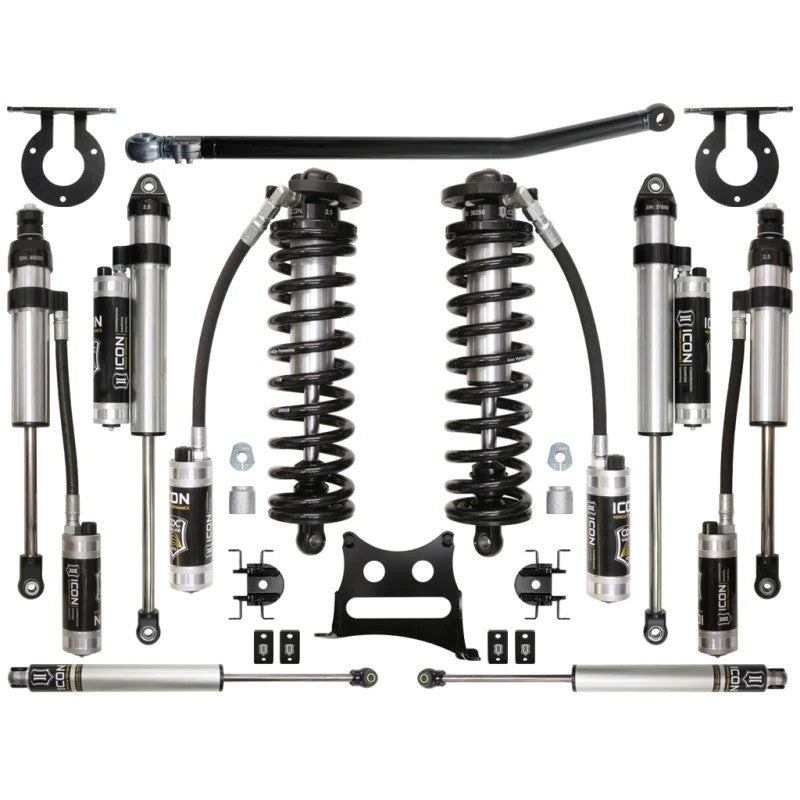 ICON Stage 5 coilover conversion kit with remote reservoir shocks and Eibach springs for 2005-2016 Ford Super Duty.