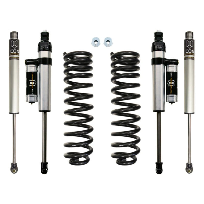 ICON K62501 Stage 2 suspension kit with 2.5-inch dual-rate springs and Aluminum Series piggyback shocks.