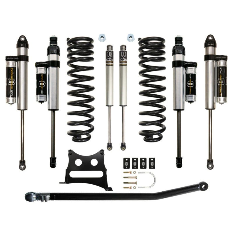 ICON Stage 4 2.5-inch suspension kit for Ford Super Duty featuring aluminum reservoir shocks and coil springs.