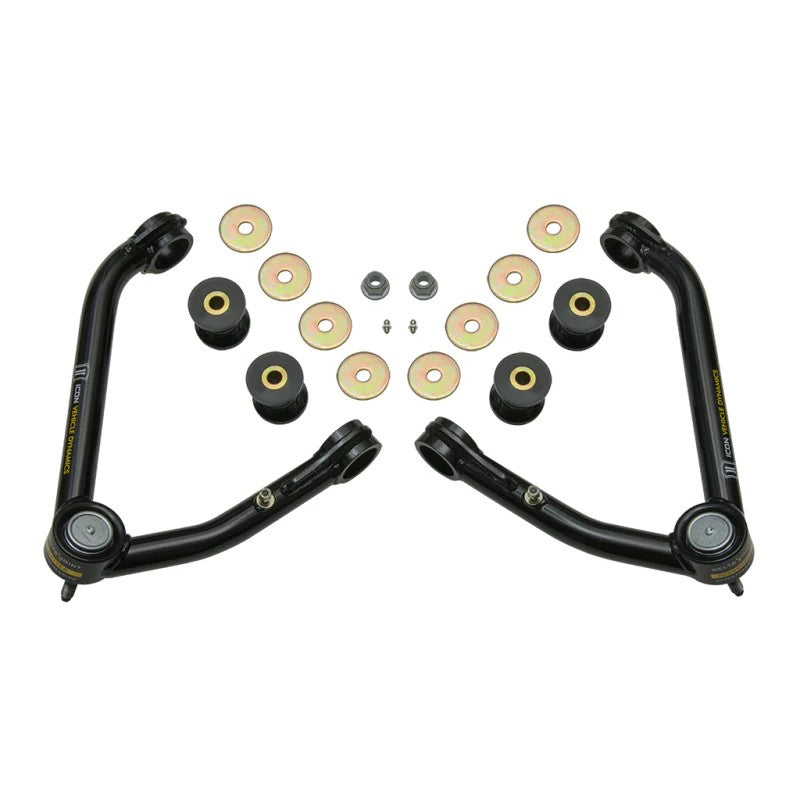 ICON black powder coated tubular upper control arms with Delta Joint and hardware for 2007-2016 GM 1500 trucks.