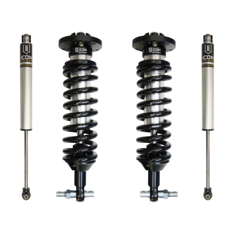 ICON Stage 1 suspension system including 2.5 adjustable coilovers and 2.0 Aluminum Series rear shocks for GM 1500.