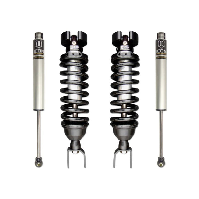 ICON Stage 1 Suspension System with 2.5-inch front coilovers and 2.0 aluminum series rear shocks for Ram 1500 4WD