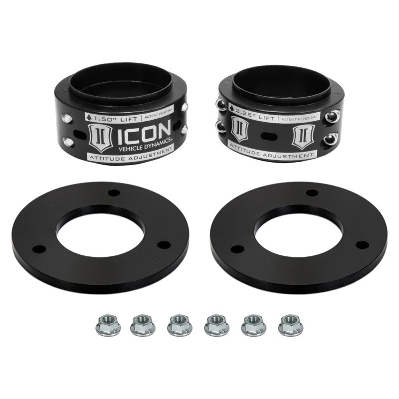 Black anodized CNC machined aluminum ICON Attitude Adjustment Collar leveling kit for 2017-2021 Ford Raptor