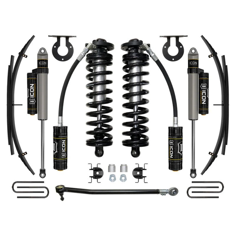 ICON Stage 3 coilover conversion system with 2.5 Series remote reservoir shocks and rear expansion packs for Ford Super Duty