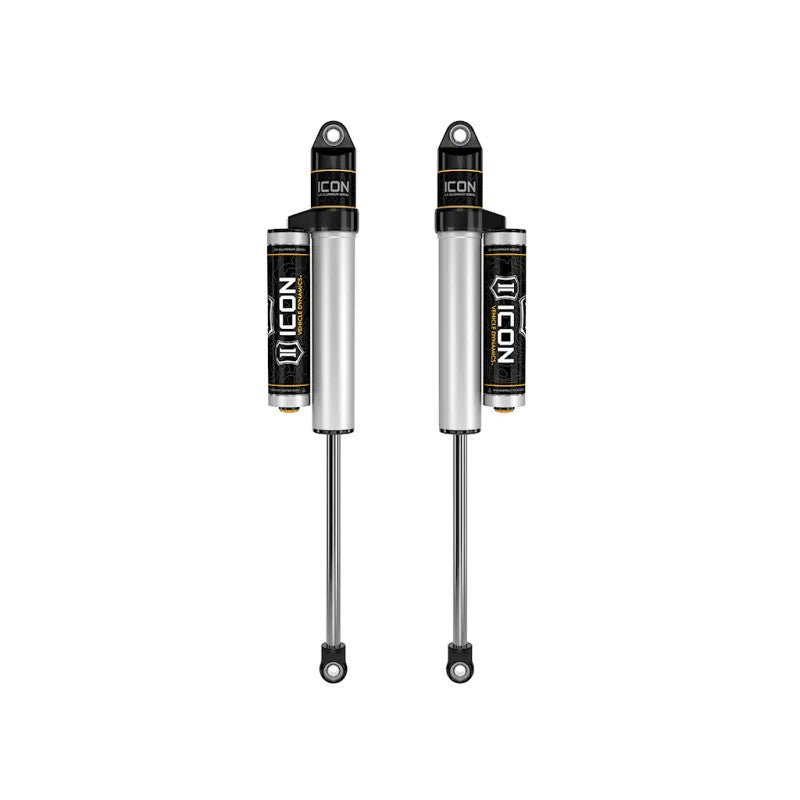 Pair of ICON 2.5 Series aluminum piggyback reservoir rear shocks for Ford Super Duty trucks.