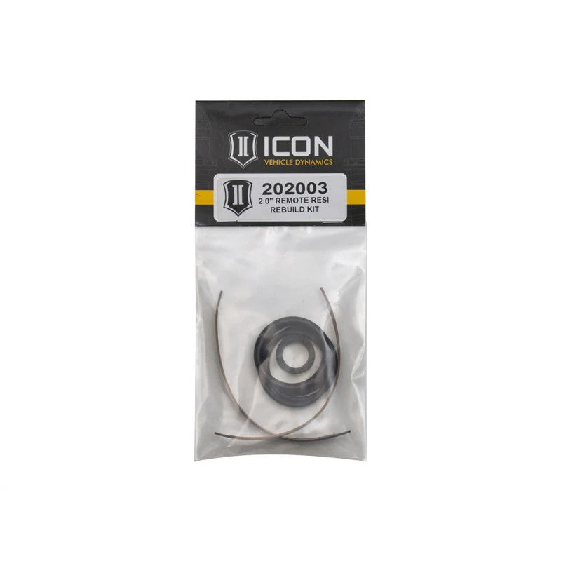 ICON 2.0 Aluminum Series Remote Reservoir shock rebuild kit showing various replacement seals and O-rings.