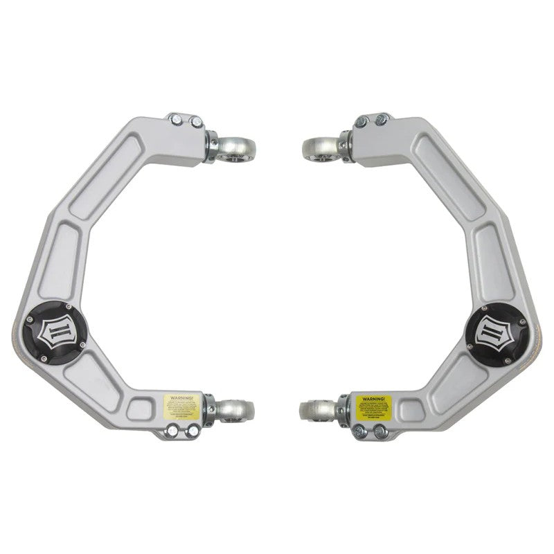 ICON CNC-machined 6061 billet aluminum upper control arms with Delta Joints and matte anodized finish.