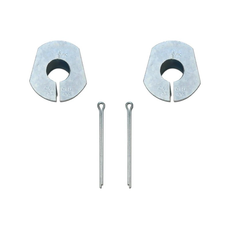 Zinc-plated ICON Vehicle Dynamics 2.3 degree alignment cams and cotter pins for 2005-2023 Ford Super Duty trucks.