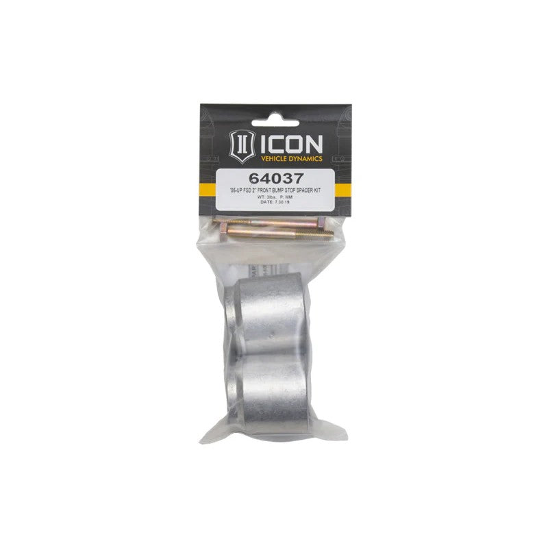 ICON 64037 CNC machined 6061 aluminum 2-inch front bump stop spacer kit with hardware for 2005-2025 Ford Super Duty.