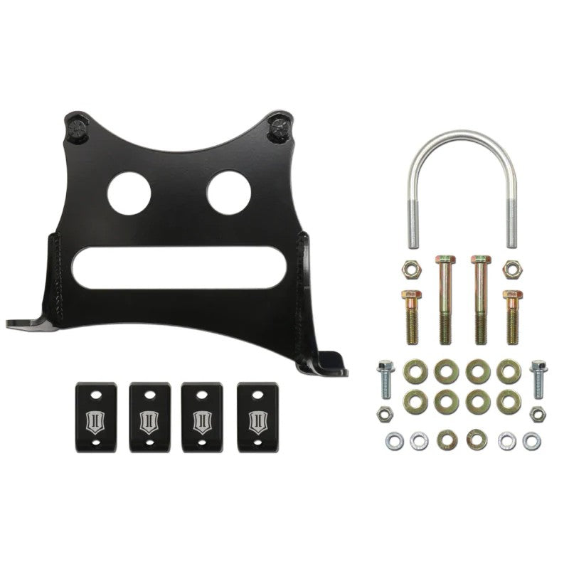ICON 2.0 Aluminum Series dual steering stabilizer kit with black anodized billet clamps for 2005-2022 Ford Super Duty.