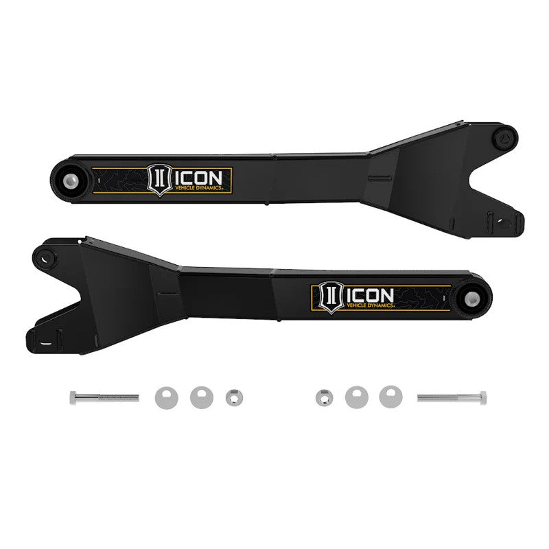 ICON Vehicle Dynamics boxed steel radius arms in semi-gloss black powder coat with sealed pivot bushings.