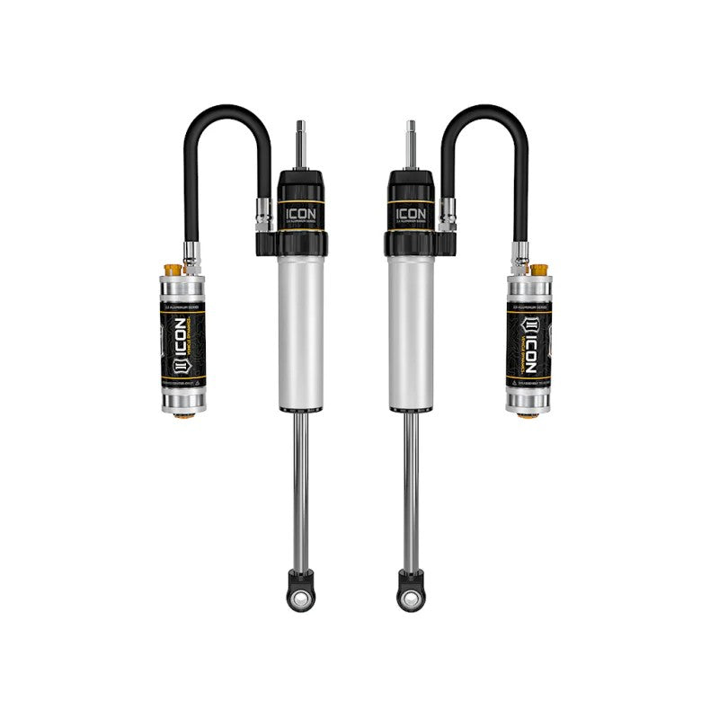 ICON 2.5 Series remote reservoir rear shocks with 10-level CDC Valve adjustment knobs for 2005-2023 Toyota Tacoma.