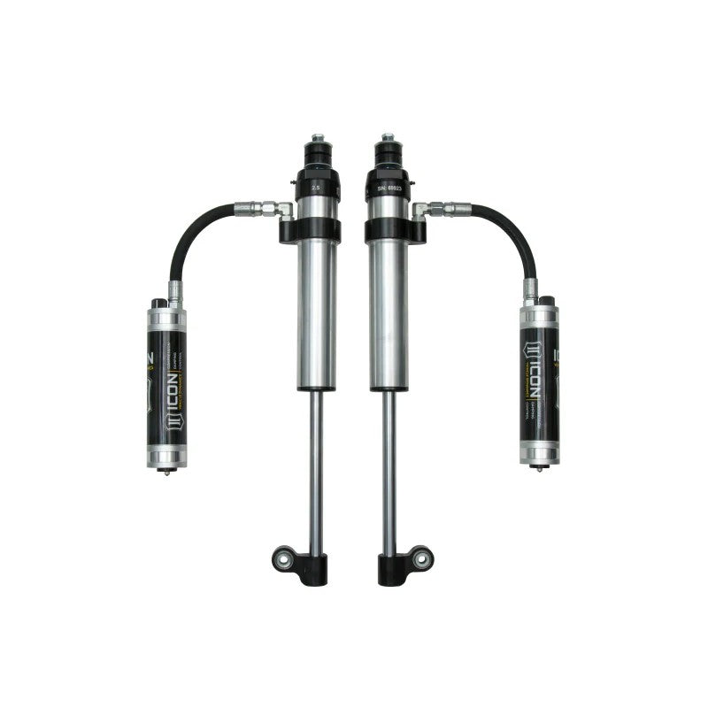ICON RXT 2.5 Series rear shocks with remote reservoirs and CDCV adjustment knobs for 2005-2023 Toyota Tacoma.