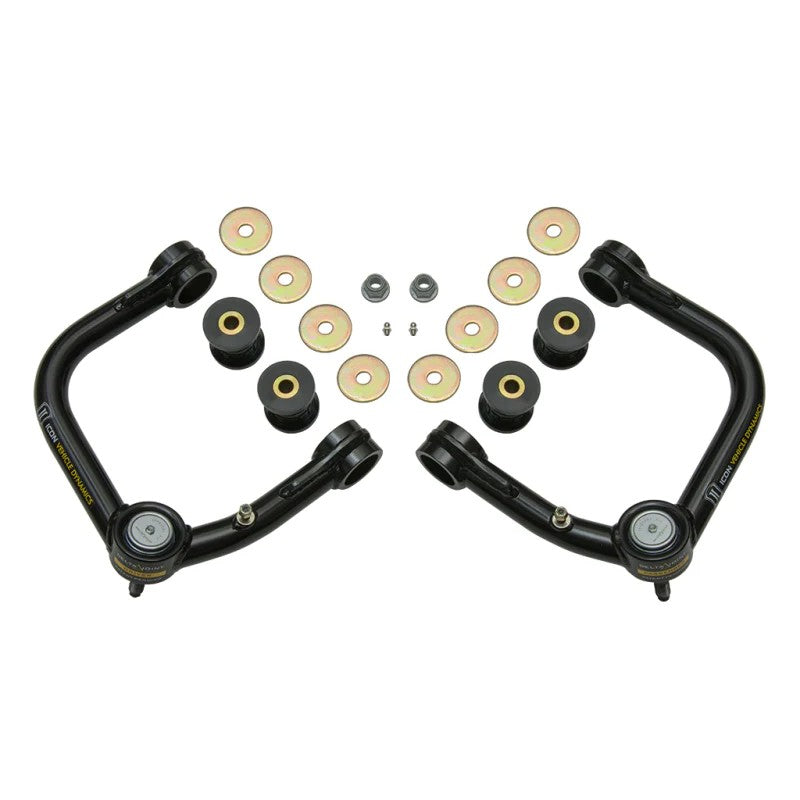 ICON tubular upper control arms for 2005-2023 Toyota Tacoma with black powder coat and patented Delta Joint