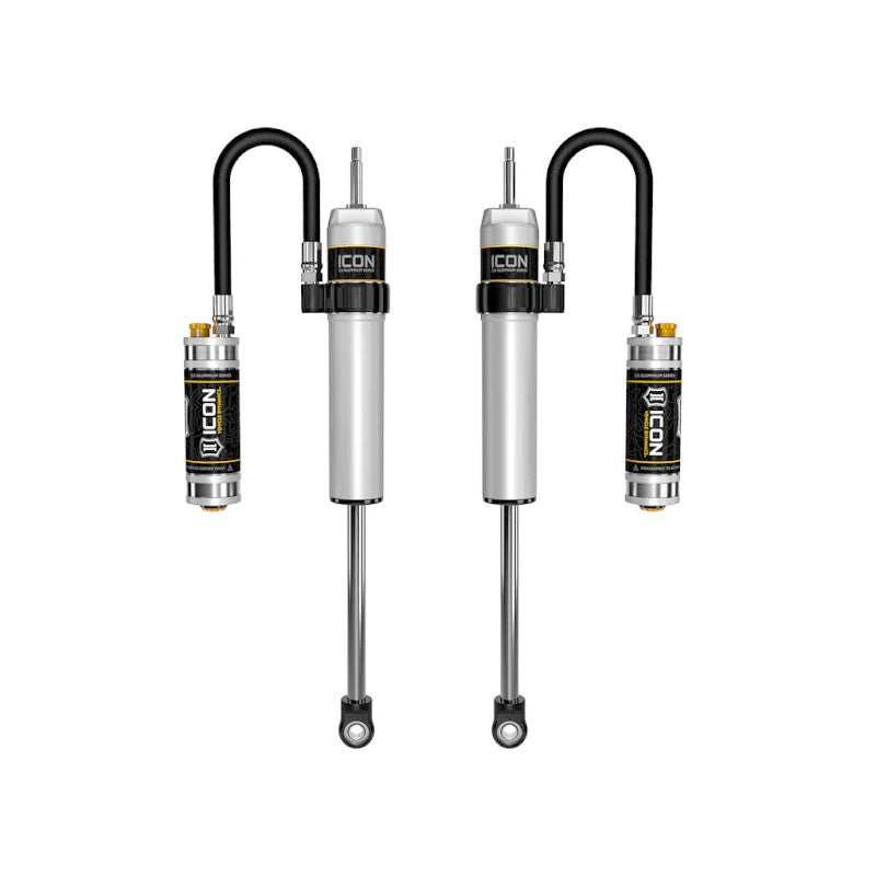 Pair of ICON V.S. 2.5 Series rear remote reservoir shocks with CDC Valve adjustment knobs for Toyota 4Runner and GX.