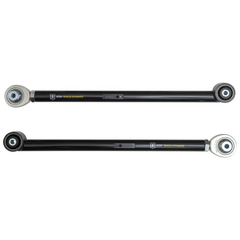 ICON black tubular steel rear lower trailing arms with PTFE-lined FK rod ends and multi-durometer bushings.
