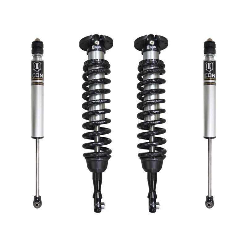 ICON Stage 1 suspension system for 2007-2021 Toyota Tundra featuring 2.5 coilovers and 2.0 aluminum series rear shocks.