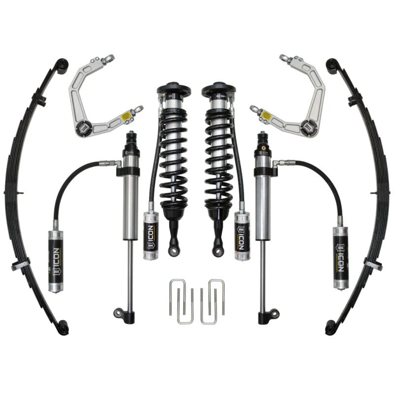 ICON Stage 8 1-3 inch lift kit for 2007-2021 Toyota Tundra with 2.5 coilovers, billet UCAs, and RXT leaf springs.